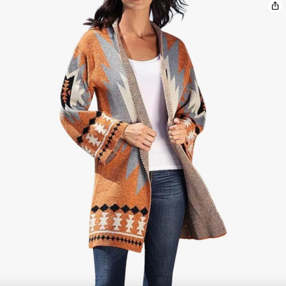 Orange & Gray Aztec Print Open Front Long Cardigan